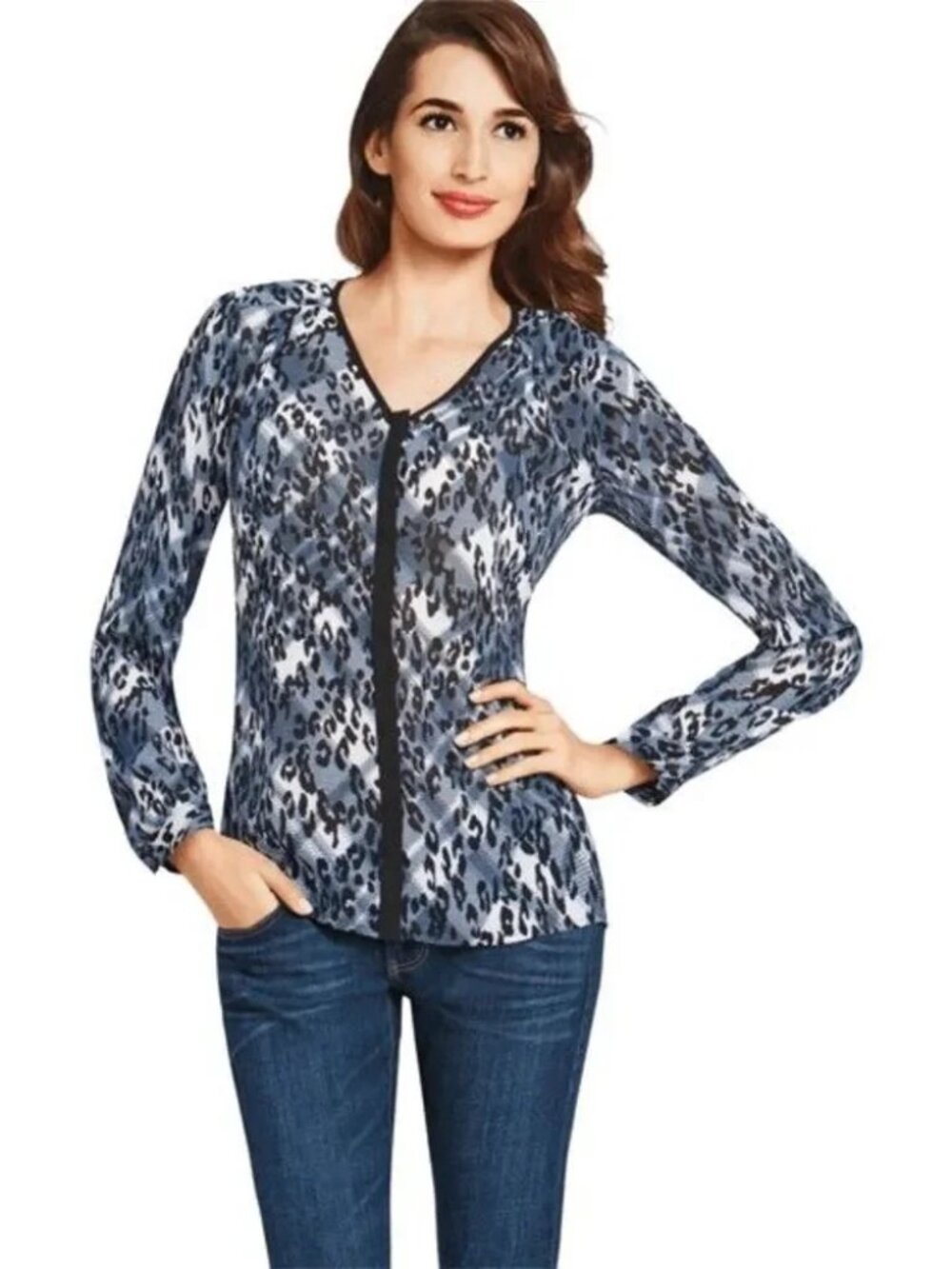 Cabi Fatala Large leopard animal print long sleeve top shirt button front